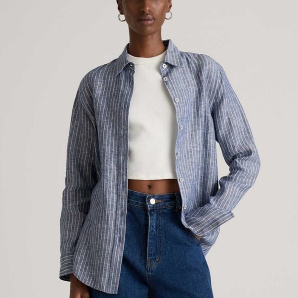 Quince 100% European Linen Shirt L Chambray Blue White Stripe Button Down